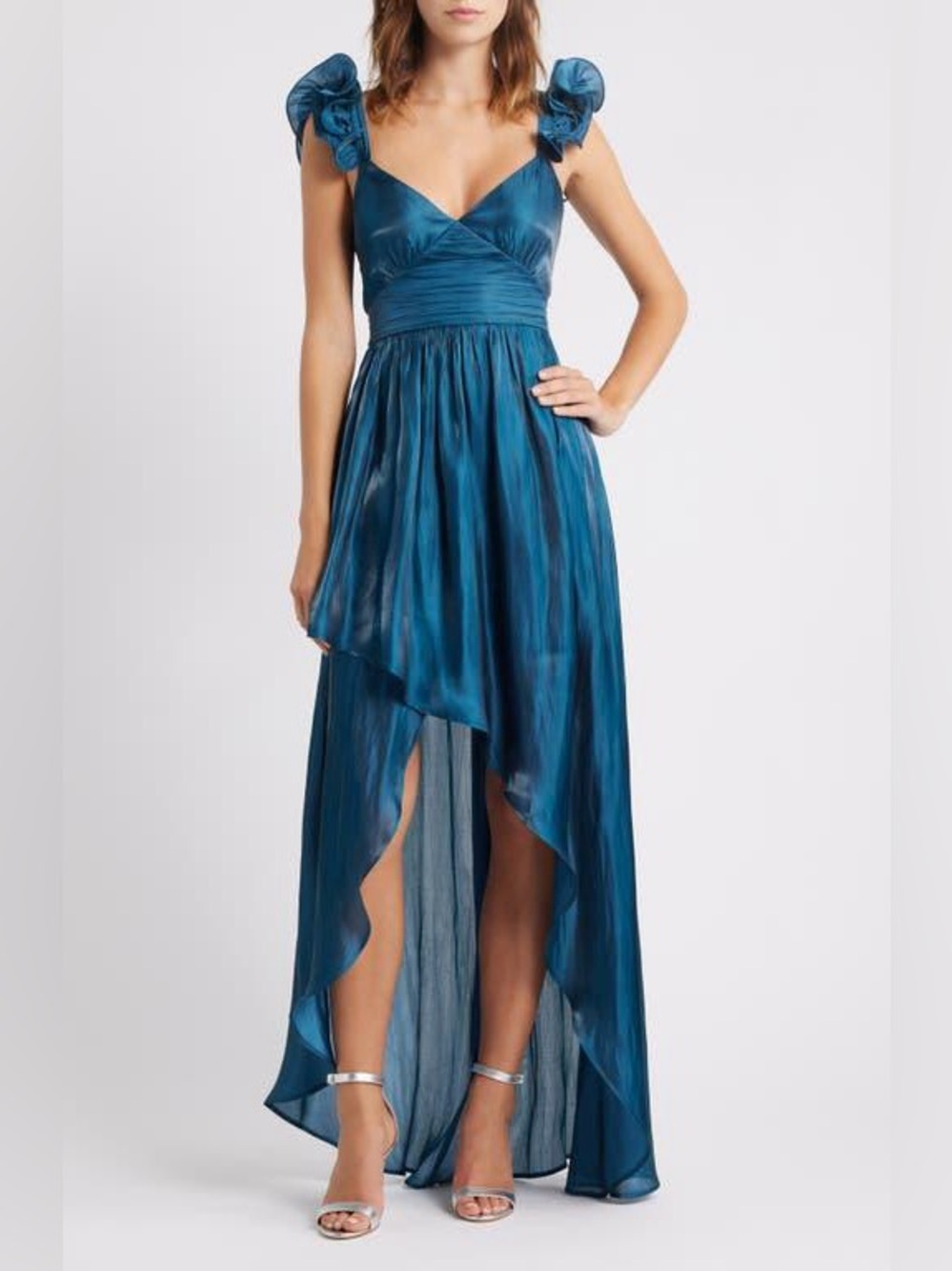 Lulus Juni Ruffle Shoulder High Low Formal Dress Size Medium Teal